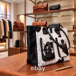 Genuine Hair-On Cowhide Leather Tote Bag Black White Western Extra Large Handbag