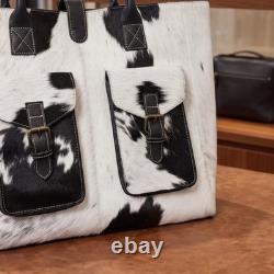Genuine Hair-On Cowhide Leather Tote Bag Black White Western Extra Large Handbag