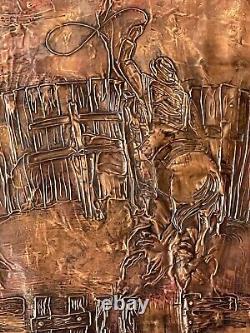 Great Antique Cowboy Abstract Copper Wall Sculpture Old Vintage Western Horses