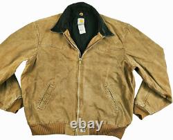 HOT VTG Men CARHARTT @ J14 BOMBER WORKWEAR FLEECE LINED BROWN CANVAS Jacket XXL