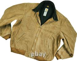 HOT VTG Men CARHARTT @ J14 BOMBER WORKWEAR FLEECE LINED BROWN CANVAS Jacket XXL