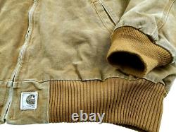 HOT VTG Men CARHARTT @ J14 BOMBER WORKWEAR FLEECE LINED BROWN CANVAS Jacket XXL