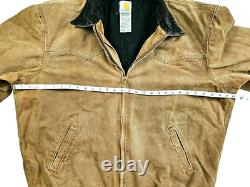 HOT VTG Men CARHARTT @ J14 BOMBER WORKWEAR FLEECE LINED BROWN CANVAS Jacket XXL