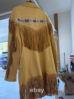 Hand Sewn Native American Leather Jacket with Beaded Trim Long L/XL