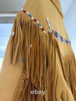 Hand Sewn Native American Leather Jacket with Beaded Trim Long L/XL