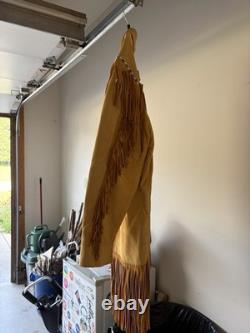 Hand Sewn Native American Leather Jacket with Beaded Trim Long L/XL