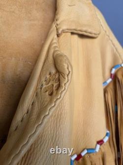 Hand Sewn Native American Leather Jacket with Beaded Trim Long L/XL