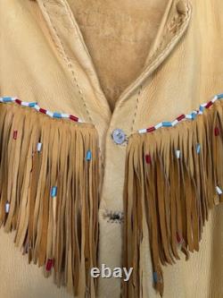 Hand Sewn Native American Leather Jacket with Beaded Trim Long L/XL