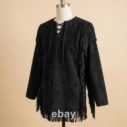 Handmade Black Suede Fringe Cowboy Shirt Western Warrior Pullover Native