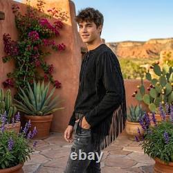 Handmade Black Suede Fringe Cowboy Shirt Western Warrior Pullover Native