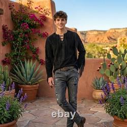 Handmade Black Suede Fringe Cowboy Shirt Western Warrior Pullover Native