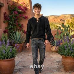 Handmade Black Suede Fringe Cowboy Shirt Western Warrior Pullover Native