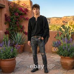 Handmade Black Suede Fringe Cowboy Shirt Western Warrior Pullover Native