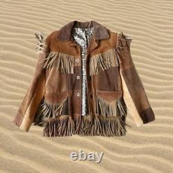 Handmade Vintage Suede Fringe Jacket Patchwork Western Boho Cowgirl Coat