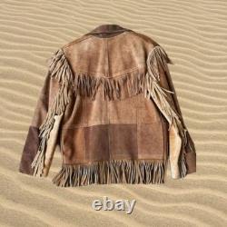 Handmade Vintage Suede Fringe Jacket Patchwork Western Boho Cowgirl Coat