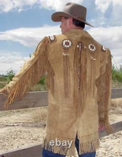Herren Western Jacke Muttersprache Cowboy Tragen Mantle Fransen & Perlen Lange