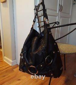 Isabella Fiore Carina Large Black Leather Hobo Braided Accents. Very Nice Cond