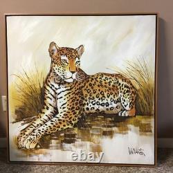 J. Walker Painting 37x37 Inch Canvas Mid Century Jaguar Leopard Big Cat Feline