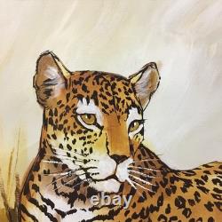 J. Walker Painting 37x37 Inch Canvas Mid Century Jaguar Leopard Big Cat Feline