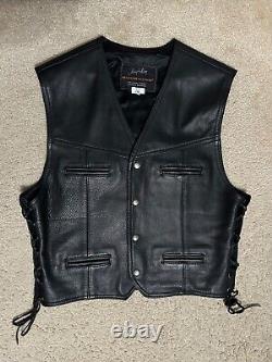 JOHNNY HALLYDAY Black Leather Vest Western Passion Men's Large XL, Vintage