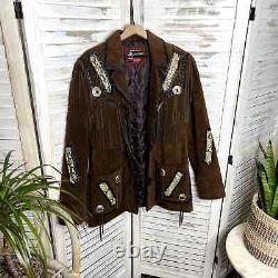 JR LEATHER APPARELS Western Fringe Patchwork Suede Jacket 100% Leather Brown L
