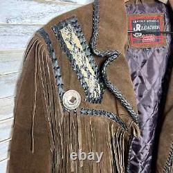 JR LEATHER APPARELS Western Fringe Patchwork Suede Jacket 100% Leather Brown L