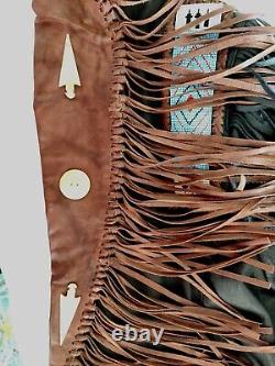 Kobler Mens L Leather Fringe Beaded Jacket With Bone Buttons & Accessories