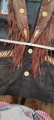 Kobler Mens L Leather Fringe Beaded Jacket With Bone Buttons & Accessories