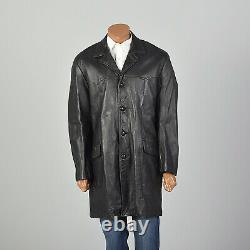L 1950s Mens Leather Jacket Black Western Shoulder Yolk Belted Back Coat 50s VTG