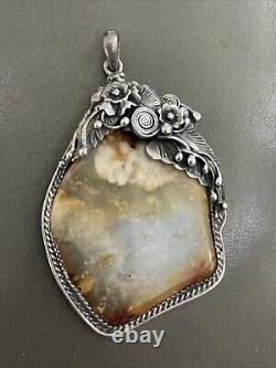 LARGE Antique Native American Navajo Sterling Silver AGATE Pendant HEAVY