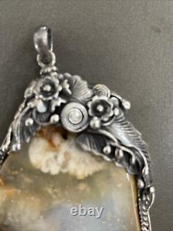LARGE Antique Native American Navajo Sterling Silver AGATE Pendant HEAVY