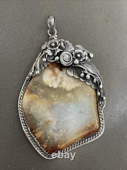 LARGE Antique Native American Navajo Sterling Silver AGATE Pendant HEAVY