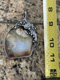 LARGE Antique Native American Navajo Sterling Silver AGATE Pendant HEAVY