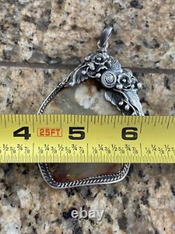 LARGE Antique Native American Navajo Sterling Silver AGATE Pendant HEAVY
