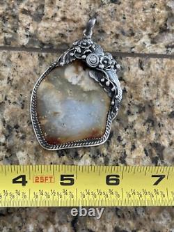 LARGE Antique Native American Navajo Sterling Silver AGATE Pendant HEAVY