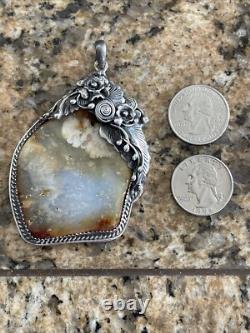 LARGE Antique Native American Navajo Sterling Silver AGATE Pendant HEAVY