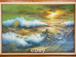 LARGE Original Oil on Canvas Painting Seascape Artist Signed Antique Vintage Art