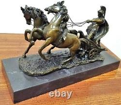 LARGE WESTERN Vintage ROMAN Horses CHARIOT BRONZE Figure Sculpture Marble Base