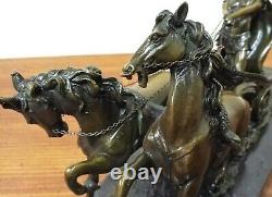 LARGE WESTERN Vintage ROMAN Horses CHARIOT BRONZE Figure Sculpture Marble Base