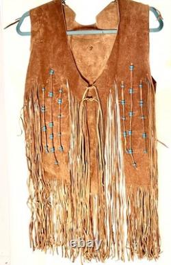 LEATHER FRINGE VEST WITH BEADS, SUEDE, 1960's HIPPY BOHO, WESTERN, VINTAGE, EUC
