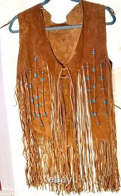 LEATHER FRINGE VEST WITH BEADS, SUEDE, 1960's HIPPY BOHO, WESTERN, VINTAGE, EUC