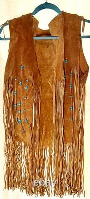 LEATHER FRINGE VEST WITH BEADS, SUEDE, 1960's HIPPY BOHO, WESTERN, VINTAGE, EUC