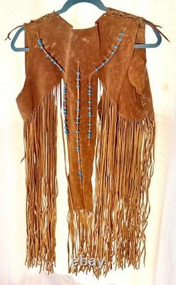 LEATHER FRINGE VEST WITH BEADS, SUEDE, 1960's HIPPY BOHO, WESTERN, VINTAGE, EUC