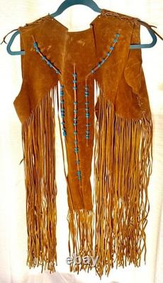 LEATHER FRINGE VEST WITH BEADS, SUEDE, 1960's HIPPY BOHO, WESTERN, VINTAGE, EUC
