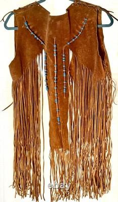 LEATHER FRINGE VEST WITH BEADS, SUEDE, 1960's HIPPY BOHO, WESTERN, VINTAGE, EUC