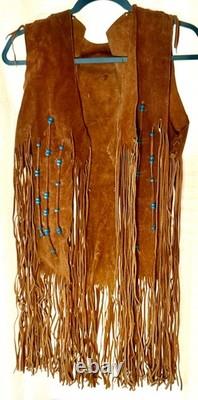 LEATHER FRINGE VEST WITH BEADS, SUEDE, 1960's HIPPY BOHO, WESTERN, VINTAGE, EUC