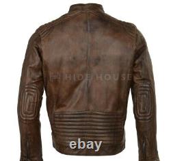 Lambskin Genuine Leather Motorcycle Vintage Jacket Brown Antique Quilted Slim