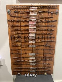 Large 34 Antique Barbed Wire Rustic Wood Display Labeled Cuts of Barbwire