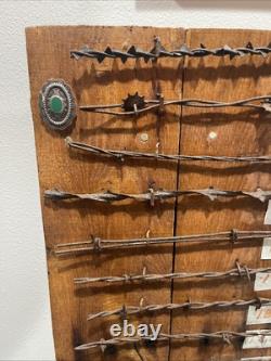 Large 34 Antique Barbed Wire Rustic Wood Display Labeled Cuts of Barbwire