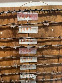 Large 34 Antique Barbed Wire Rustic Wood Display Labeled Cuts of Barbwire